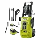 RYOBI 1800 W Elektro-Hochdruckreiniger RY140PWA-P, 140 bar Druck, 420 l/h Födermenge, 40° Wassertemp,Aluminiumpumpe,6m stahlarmierter Schlauch,5m Kabel,Vario und Turbo-Lanze,Flächenreiniger,2X Bürste