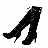 getmorebeauty Damen Wildleder Schnalle Rock Schnürschuh Reißverschluss Kniehohe Stiefel High Heel Stiefel, Schwarz, 37 EU