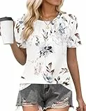 PLOKNRD Damen T-Shirt Plissiert Rundhals lässig Tops Elegant Kurzarm Oberteile Weiß Blumen L