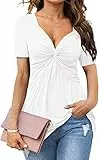 Tankaneo Damen V Ausschnitt Elegant Blusenshirt Front Knotted T-Shirt Kurzarm Dame Tunika Blusen Tops Oberteile