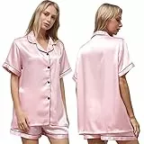 Ladieshow Damen Schlafanzug Kurz Sommer, Satin Pyjamas Set Kurzarm Nachtwäsche, Seide Pyjama Set für Damen Shorty Zweiteiliger Hausanzug Shorts und Oberteile - Rosa S