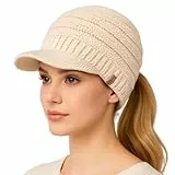 TOP-EX Beanie Damen Wolle Warme Winter Mütze mit Fleecefutter Strickmütze mit Schirm Pferdeschwanz Beige