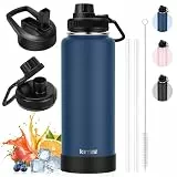 Thermobecher Kaffeebecher to Go 40oz, KETIEE Trinkflasche Edelstahl 1L Trinkflasche Sport mit Strohhalm 2 Deckel Auslaufsichere Wasserflasche BPA-Frei Thermosflasche Kaffeebecher Thermo, Marineblau
