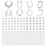 WillTen 8Pcs Fake Nase Ring Fake Septum Piercing mit 2 Blätter Nase Stud Stick auf Gesicht, Piercing Clip auf Augenbraue Lippen Ring Silber