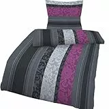 Soma Biber Bettwäsche Set, 100% Baumwolle, Reißverschluss, 135x200 cm oder 155x220 cm, mit Kopfkissenbezug 80x80 cm (lila grau Boho Barock, 135 x 200 cm + 80 x 80 cm)