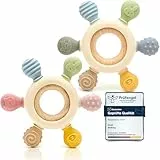 CAJA Beißring Baby 2er Set BPA freie Zahnungshilfe und Beißspielzeug aus Silikon und Holz Greifring mit Tiermotiv Geschenkidee zur Geburt Sicheres Babyspielzeug für Jungen und Mädchen