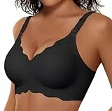 Vertvie Damen Push Up BH ohne Bügel Nahtlos Tiefem V Ausschnitt Kurve Bügelloser BH Softschalen Seamless Bra Bequem Weich Sport Butsier Abnehmbarer Träger(Schwarz,M)