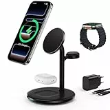RoRoSkin 3 in 1 Induktive Ladestation für mehrere Geräte,15W Kabellos Ladestation,Wireless Charger Kompatibel mit Mag Safe Ladegerät für iPhone 17 16 15 14 13 Pro Max,iWatch,AirPods,Tiefschwarz