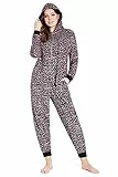 Jumpsuit Damen Kuschelig Fleece Einteiler Schlafanzug Onesie Damen S-XL (Rosa Leopard, M)