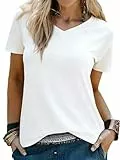 Wayleb Tshirt Damen V-Ausschnitt Baumwolle Basic Oberteil Locker Bequem Für Frühling Sommer Alltag Freizeit, Weiß L