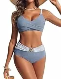 Hanna Nikole Damen Bikini Sets, Badeanzug Damen Bauchweg,Textured High Waist Bikinis Sets,Push up Bikini Oberteil mit Retro Bikinihose,2 Teiliger Badeanzug mit Twist Farbblock Design