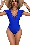 AI'MAGE Damen Einteiliger Badeanzug V Ausschnitt Bademode Schwimmanzug Bauchweg Push Up Swimsuit High Waist, Königsblau, L