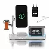 Kabellose Ladestation 5-in-1 mit Wecker, Bluetooth-Lautsprecher & LED-Nachtlicht für MagSafe von MMOBIEL – 25W Qi2.2 Magnetisches Kabellose Ladegerät für iPhone, Apple Watch & AirPods – Weiß