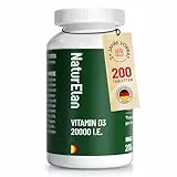 Vitamin D3 20000 I.E. Hochdosiert – 200 Tabletten im Jahresvorrat, Sonnenvitamin für Immunsystem, Vegetarisch, In Deutschland Produziert