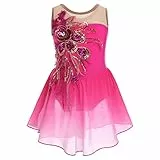 Mädchen Eiskunstlauf Kleid Pailletten Blumen Ballettkleid Chiffon Tanzkleid Ärmellos Turnanzug Gymnastikanzug Kinder Swing Skater Ballettkleidung Tanzkostüm Trikot Einteiler Body Rose 5-6 Jahre