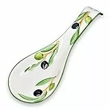 Lashuma Handgemachte Löffelablage aus Italienischer Keramik, Kochlöffelablage Reliefdekor im Oliven Design, Löffelhalter 28 cm