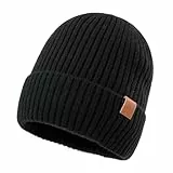 Fancet TOP-EX Warme Beanie-Mütze aus 100% Merinowolle mit Fleecefutter für Herren und Damen - Wintermütze für Laufen und Golf, Strickmütze, Wollmützer Schwarz M/L