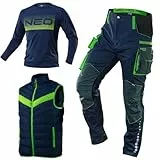 NEO TOOLS Herren Arbeitshose + Arbeitsweste und Langarmshirt (SET) Gr. S(48) - 3XL(58) / modisches Design, Hose - Knieschutztaschen und mit Cordura verstärkt, Ärmellose Daunenjacke