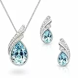 Crystalline Azuria Tropfenform Kristalle Blau Simulierter Aquamarin Schmuck-Set Halskette Anhänger 45 cm Ohrringe 18 kt Weiß Vergoldet