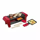Bestron Raclette für 1 bis 2 Personen, Mini Tischgrill mit zwei Pfännchen und zwei Holzschabern, 350 Watt, Farbe: Rot/Schwarz