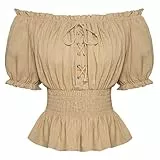 SCARLET DARKNESS Damen Mittelalter Trachtenbluse Vintage Schulterfrei Lace Up Country Bluse Khaki L