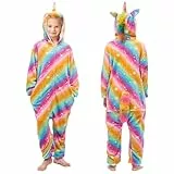 Einhorn Jumpsuit Kinder Onesie, Fleece Schlafanzug Kinder Pyjama, Schlafoverall Mädchen Flanellmaterial, Weich und Bequem, Cartoon-Kapuzendesign, Rollenspiel Einhorn Kostüm, Geeignet für 5-10-Jährige