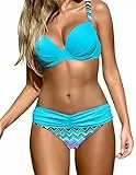Ocean Plus Damen Gestreiftes Bikini-Set mit Brustpolster Bikinis Push Up mit Bügel Zweiteiliger Bademode (L (EU 38-40), Himmelblaue Geometrie)
