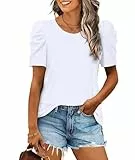 XIEERDUO Top Damen Puffärmel T Shirt Damen Elegant Oversized Oberteile Rundhals Ausschnitt Weiß M