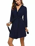 Ekouaer Damen Morgenmantel Kurz aus Baumwolle Dünn 3/4 Ärmel Bademantel Kimono Saunamantel Robe Negligee Mit V-Ausschnitt Sommer Navy BlauL