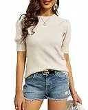 Saodimallsu Puff Kurzarm Pullover Damen T Shirt Feinstrick Rundhals Leicht Strickpullover Stretch Bluse Basic Tops, Beige, M