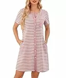 Lovasy Still Nachthemd Damen Baumwolle Kurzarm Schlafshirt mit durchgehende Knopfleiste Gestreift Schlafhemd mit Taschen,Rosa Streifen,XL