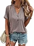 VEUNCOS Damen Kurzarm V Ausschnitt T Shirt Knopfleiste Shirt Lockere Sexy Oberteile Lila Grau L