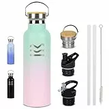 Thermo Trinkflasche Edelstahl 750ml Rosa - HUIIKE | Auslaufsichere Trinkflasche Isoliert | Thermosflasche mit Strohhalm und 3 Verschlüssen | Stainless Steel Water Bottle 12 Std Heiß & 24 Std Kalt