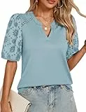 Kate Kasin Damen Sommershirts Puff Kurzarm V-Ausschnitt Casual Tops