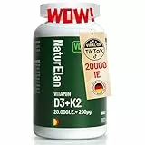 Vitamin d3 k2 hochdosiert 20000I.E. + Vitamin K2 MK7 200 mcg pro Dosis, 180 Vegetarisch Depot im Jahresvorrat, Ohne Zusätze, In Deutschland Produziert