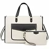 Missnine Laptoptasche 15,6 Zoll Handtasche Damen Business Arbeitstasche Shopper Groß mit Clutch Geldbörse 2er Set Lehrertasche Aktentasche Für Büro Uni Schwarz & Beige