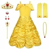 Vicloon Belle Prinzessinnenkleid, Belle Kostüm Mädchen mit Diademe & Zauberstab, Mädchen KostümWeihnachten Halloween Verkleidung Fasching Karneval Cosplay Geburtstag Partykleid (5-6 Jahre)