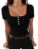 Gyabnw T-Shirt mit Knöpfen Damen Basic Shirt V Ausschnitt Kurzarm Bluse mit Knöpfen Sommer Tshirt Oberteile Casual Top Schwarz