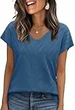 WIHOLL Pullover Damen Kurzarm Sommer Elegant T Shirt Leicht V-Ausschnitt Stretch Oberteile Basic Strickpullover Tops Stahlblau M