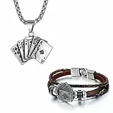 Flongo Herrenarmband Lederarmband Herren Kette Männer Anhänger Männer Armband Herren Armreif Leder Armband Anhänger Halskette mit Spielkarte Pik Royal Flush Poker Karten Schwarz Braun