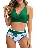UMIPUBO Bikini Damen Set Bauchweg Große Brüste High Waist Push Up Bikinis Gekreuztem V Ausschnitt Sexy Bademode Bauchkontrolle Swimsuit Strandbikini(Grün,L)