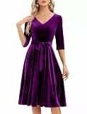 Bbonlinedress Samtkleid Damen Langarm Midilang Abendkleid elegant für Hochzeit Winter Festliche Kleider Vintage Rockabilly Cocktailkleid Party Weihnachtskleid Grape 2XL