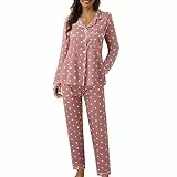 Dwevkeful Schlafanzug Damen, Langarm Langhose Winter Pyjama aus Baumwolle | Warmer Hausanzug mit Weiten | Kuscheliger Pyjama für Kalte Nächte, Rosa, XL