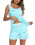 ENJOYNIGHT Damen Schlafanzug Kurz Sommer Pyjama Set Ärmellos Top und Shorts Nachtwäsche Frauen Baumwolle Hausanzug (XX-Large,Blauer Schmetterling)