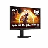 AOC Q27G4XF 27 Zoll WQHD Gaming Monitor, 180Hz, Fast IPS Panel, 0.5ms MPRT, Adaptive Sync, HDR10, G-Sync Compatible, Höhenverstellung,(2560x1440 HDMI 1x 2.0 DP 1x 1.4) Schwarz