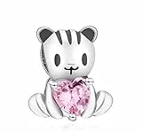 Symretie Katze Bead Charms 925 Sterlingsilber für Armbänder und Halskette - Rosa Perlen Charms Tiere Katzen Schmuck Geschenke für Frauen Mädchen