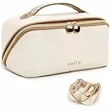 Prite Große Kapazität Kosmetiktasche Tragbare Reise Make Up Tasche wasserdichte PU-Leder Schminktasche oder Kulturbeutel mit Transparente Trenner und Griff(Beige)