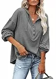 PLOKNRD Kapuzenpullover Damen Langarm Knöpfen Pullover mit Kordelzug Freizeit V-Ausschnitt Hooded Henley Sweatshirt Klassisch(Dunkelgrau, XL)