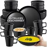 tectake® 30-tlg. Kombiservice, Geschirrset, Tafelservice 6 Personen, Steingut Geschirr Set schwarz, Teller Set mit Schalen, Kaffeetassen, Speiseteller, Frühstücksteller, tiefe Teller, Schüsseln