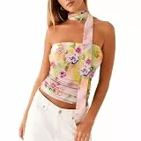 Himllauen Damen Bandeau Top mit Schal Ärmellose Elegant Blumendruck Tube Top Y2k Crop Tops Sommer Tops Slim Fit Oberteile Cute Clothes (Lavendel, S)